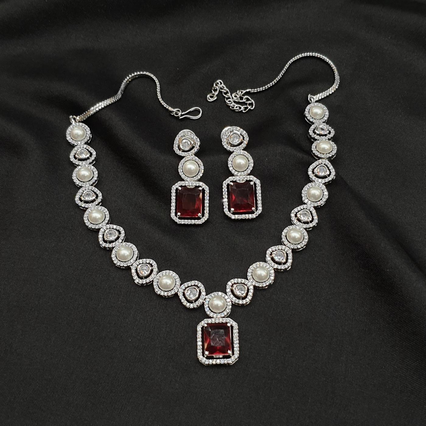 AD Pearl Necklace Set 1 Ruby Silver