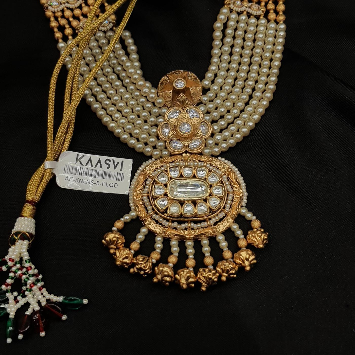 Kundan Long Necklace Set 5 Pearl Gold
