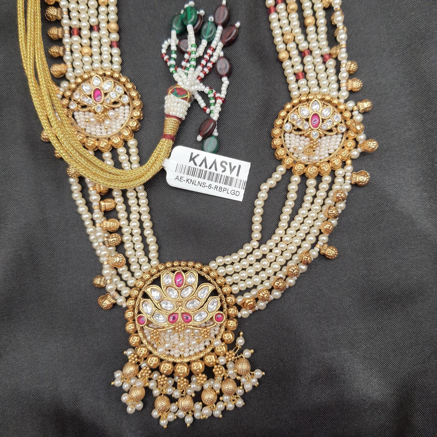 Kundan Long Necklace Set 6 Ruby Pearl Gold