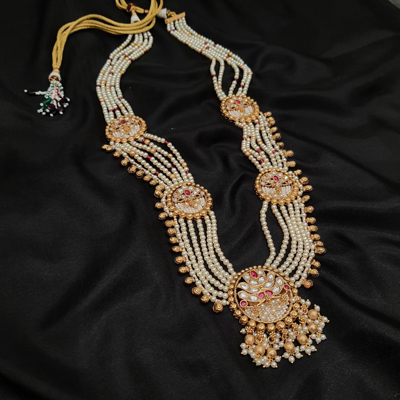 Kundan Long Necklace Set 6 Ruby Pearl Gold