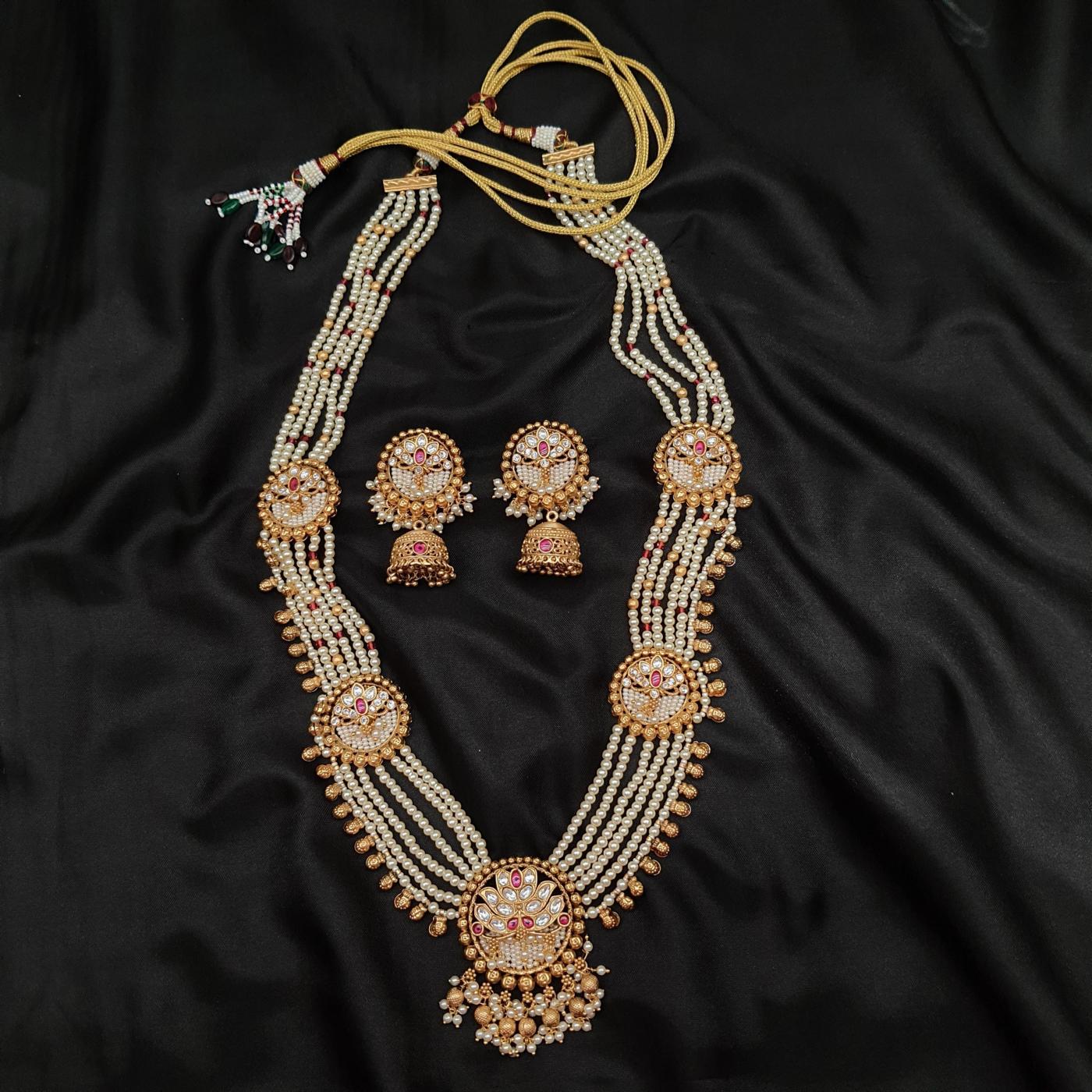 Kundan Long Necklace Set 6 Ruby Pearl Gold