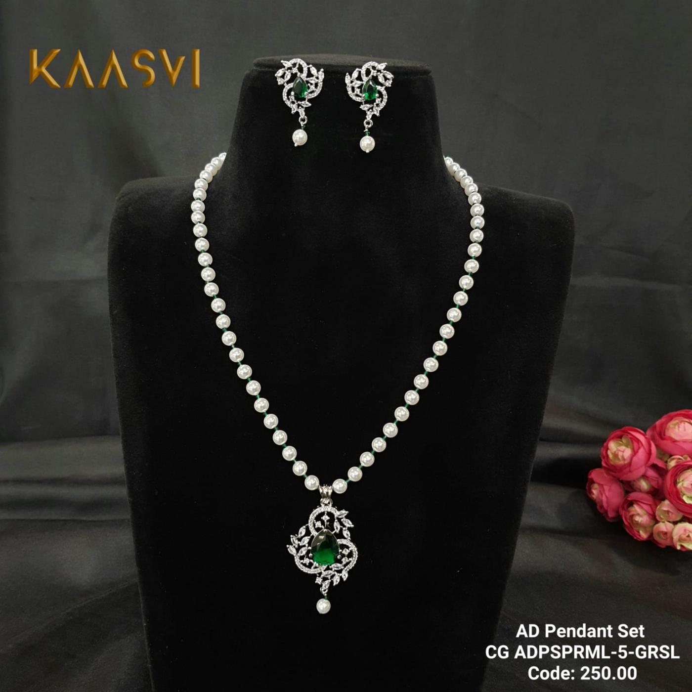 AD Pendant Set with Pearl Mala-5-Green Silver
