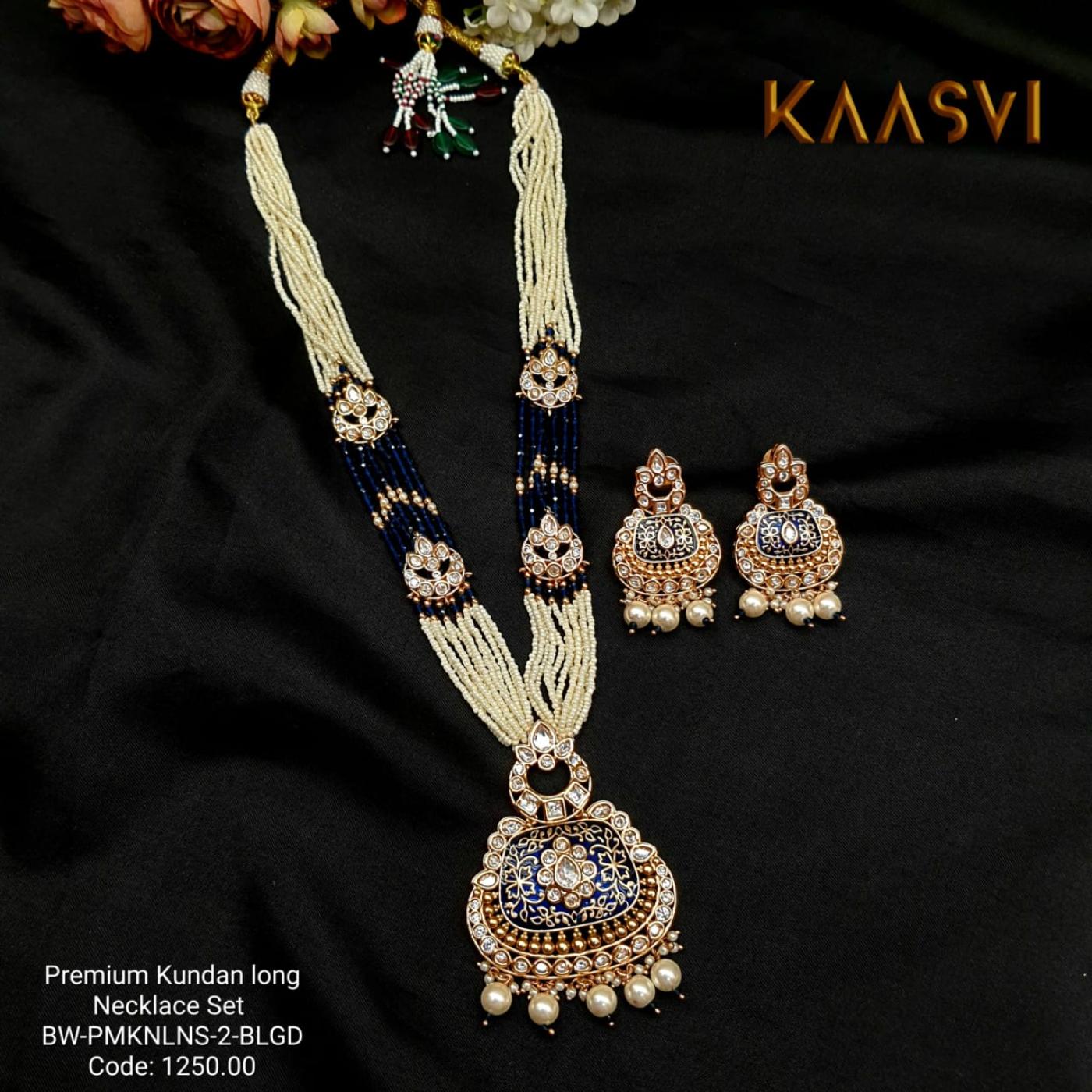 Kundan Long Necklace Set-2-Blue Gold