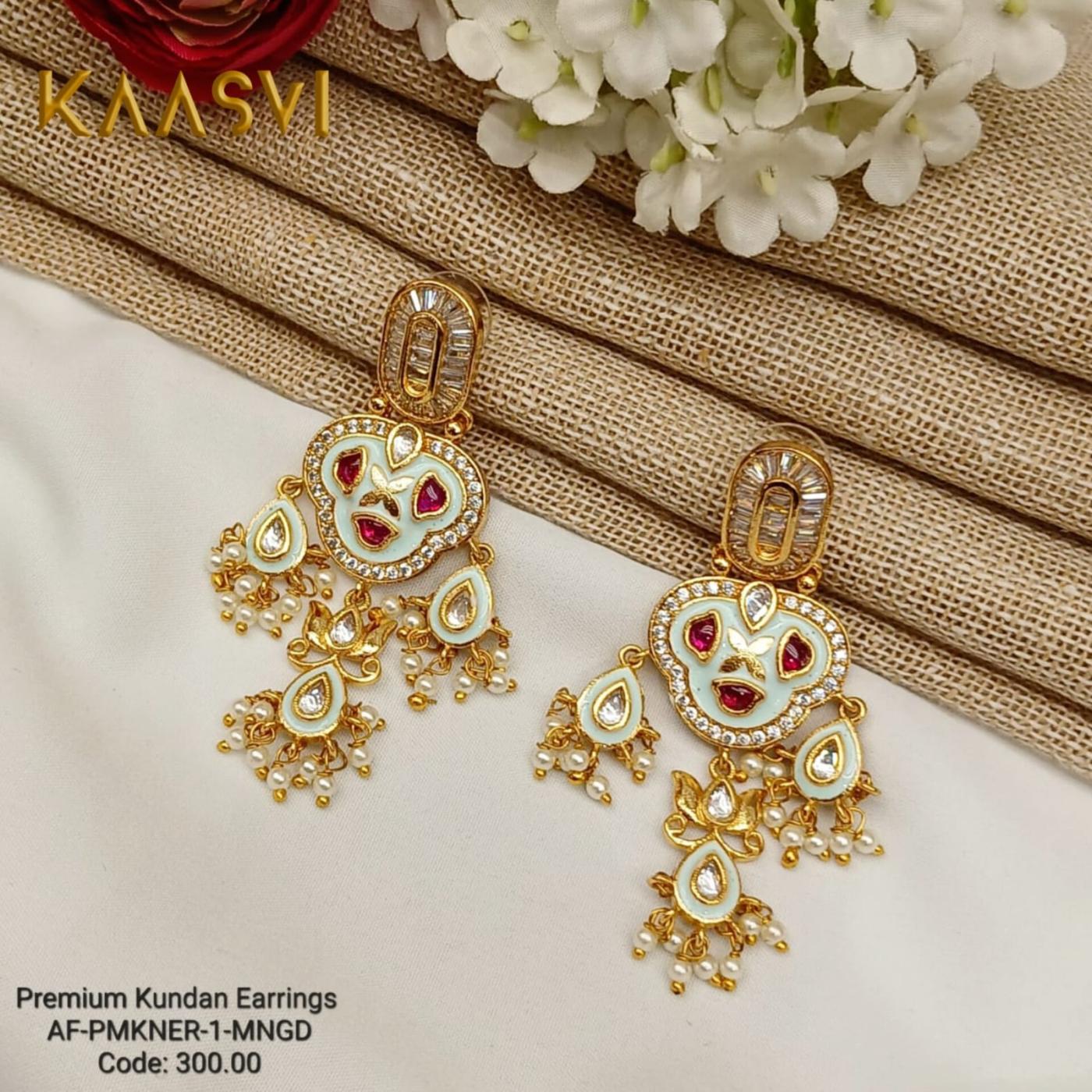 Premium Kundan Earrings -1-Magenta Gold