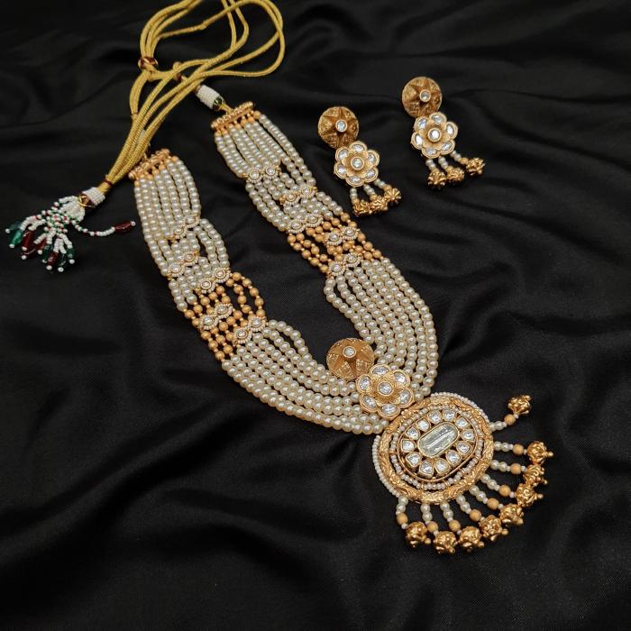 Kundan Long Necklace Set 5 Pearl Gold