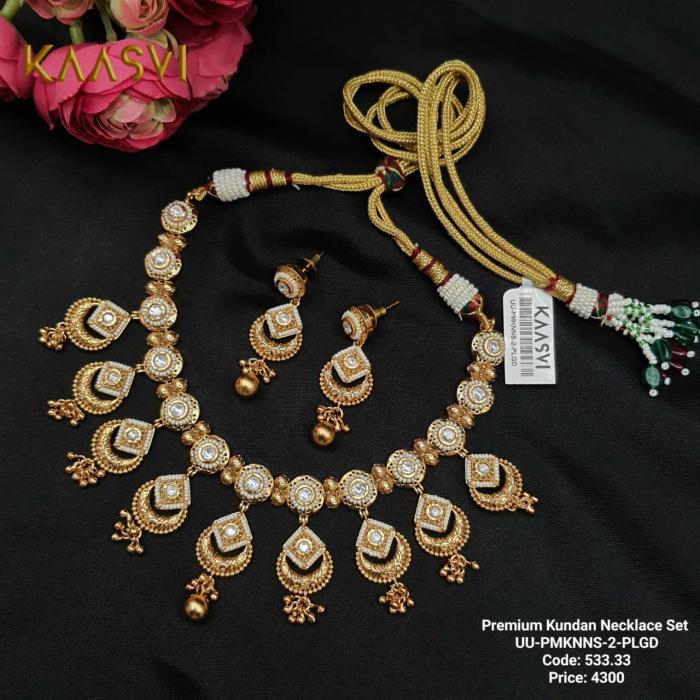 Premium Kundan Necklace Set 2 Pearl Gold