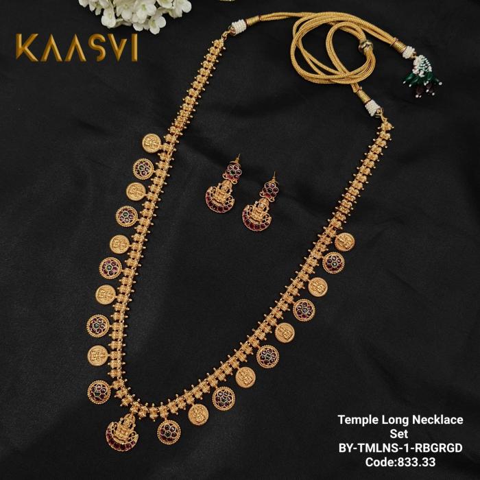 Temple Long Necklace Set-1-Ruby Green Gold