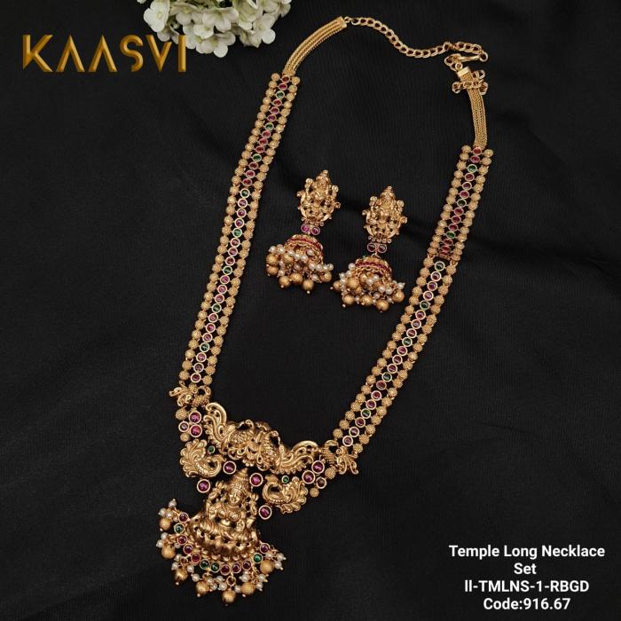 Temple Long Necklace Set-1-Ruby Gold