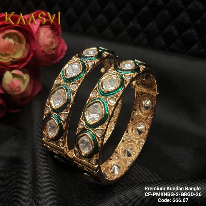 Premium Kundan Bangles-2-Green Gold