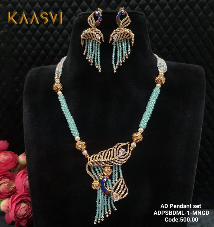 AD Peacock Pendant Set-1-Mina Gold