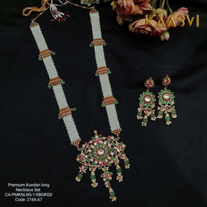 Kundan Long Necklace Set-1-Ruby Green Gold