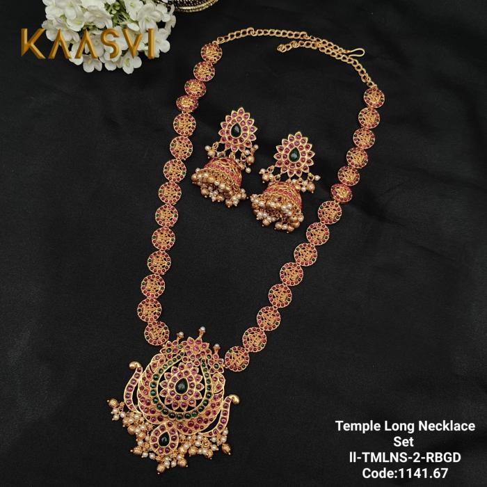 Temple Long Necklace Set-2- Ruby Gold