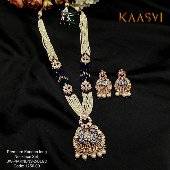Kundan Long Necklace Set-2-Blue Gold