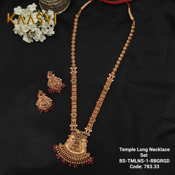 Temple Long Necklace Set-1-Ruby Green Gold