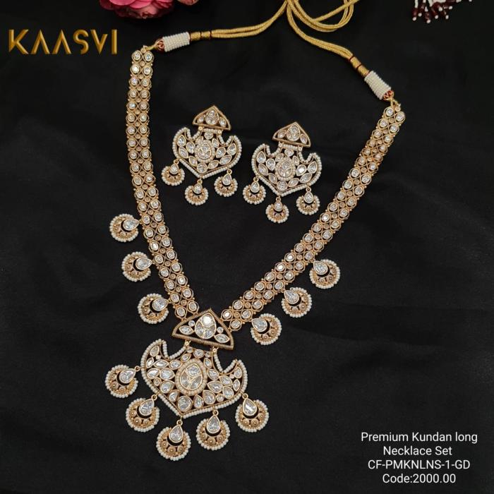 Kundan Long Necklace Set-1-Gold