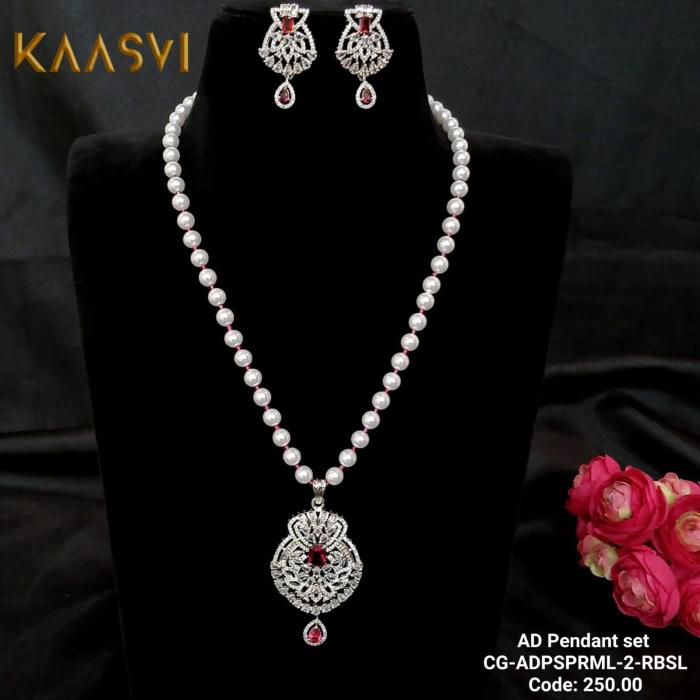 AD Pendant Set with Pearl Mala-2-Ruby Silver