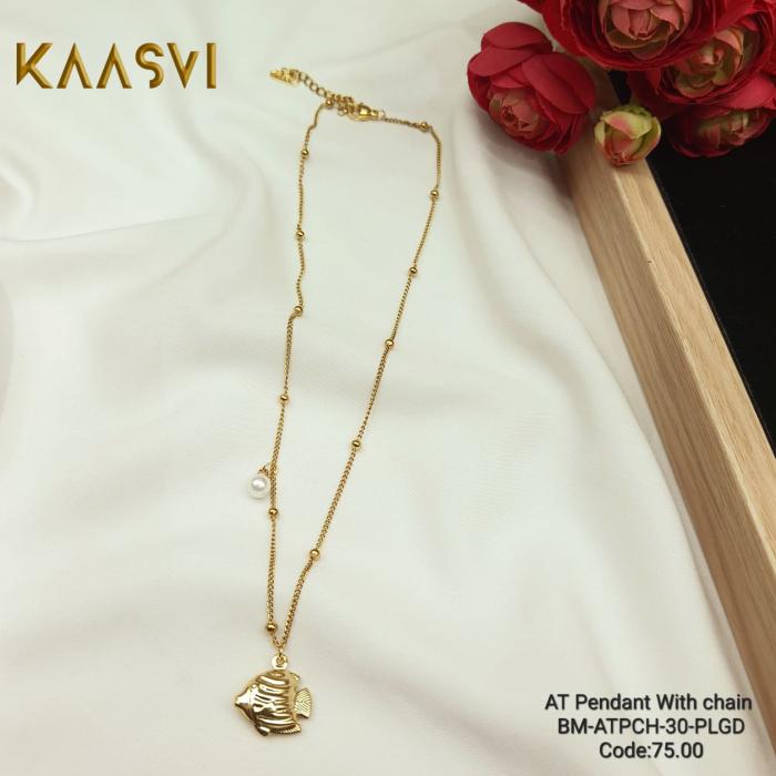 Anti Tarnish Fish Pendant With Chain -Pearl Gold