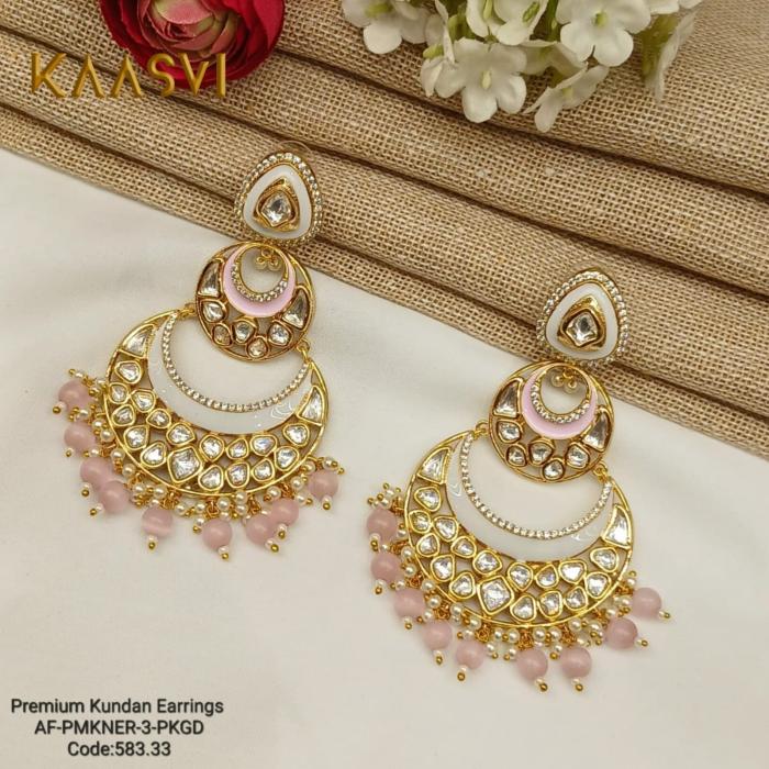 Premium Kundan Earrings-3-Pink Gold