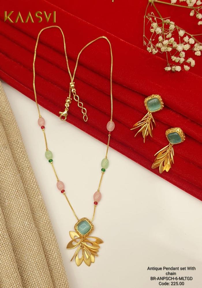 Antique Pendant Set With Chain-6-Multi Gold