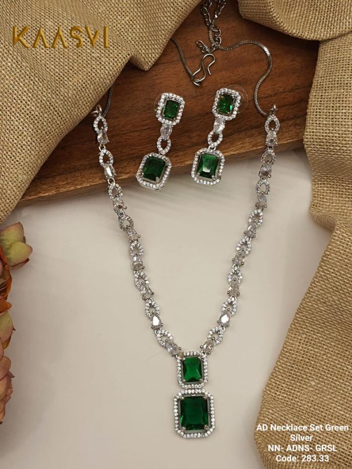 AD Necklace Set -Green Silver