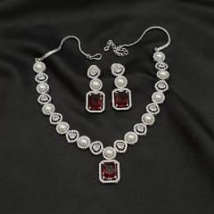 AD Pearl Necklace Set 1 Ruby Silver