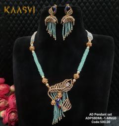 AD Peacock Pendant Set-1-Mina Gold