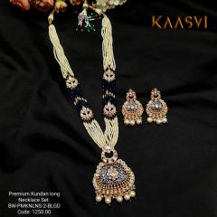 Kundan Long Necklace Set-2-Blue Gold